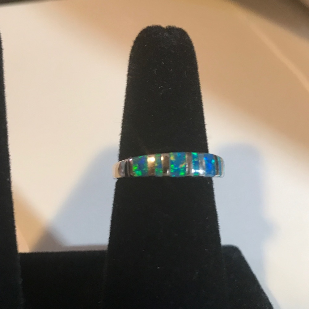 Blue lab Opals Silver 925 Band Ring Lovely  7 3/4 - Picture 3 of 6